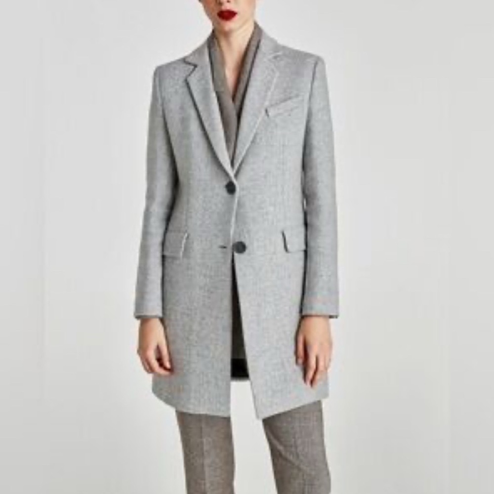 Zara Woman Wool Blend Light Grey Mid Length Coat Size Medium
